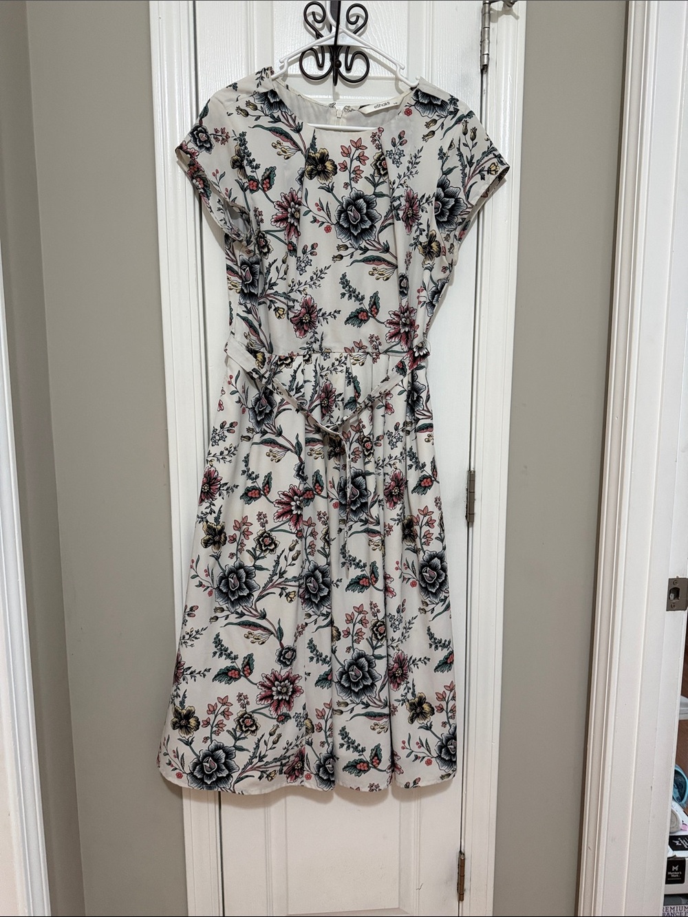 eshakti Cream Floral Midi Dress with Tie Waist
